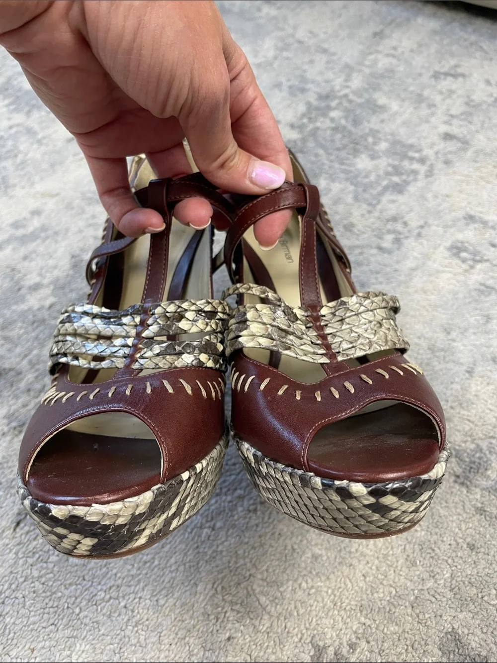 Alexandre Birman Python Leather Platform Heels Brown T Strap Size 9.5